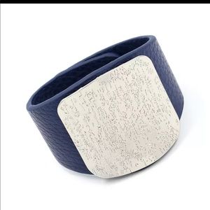 Wide blue leather wrist bracelet